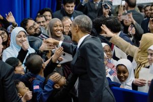  President Obama greeted families in an overflow room after speaking at the Islamic Society of Baltimore mosque on Feb. 3, 2016. Credit Drew Angerer for The New York Times